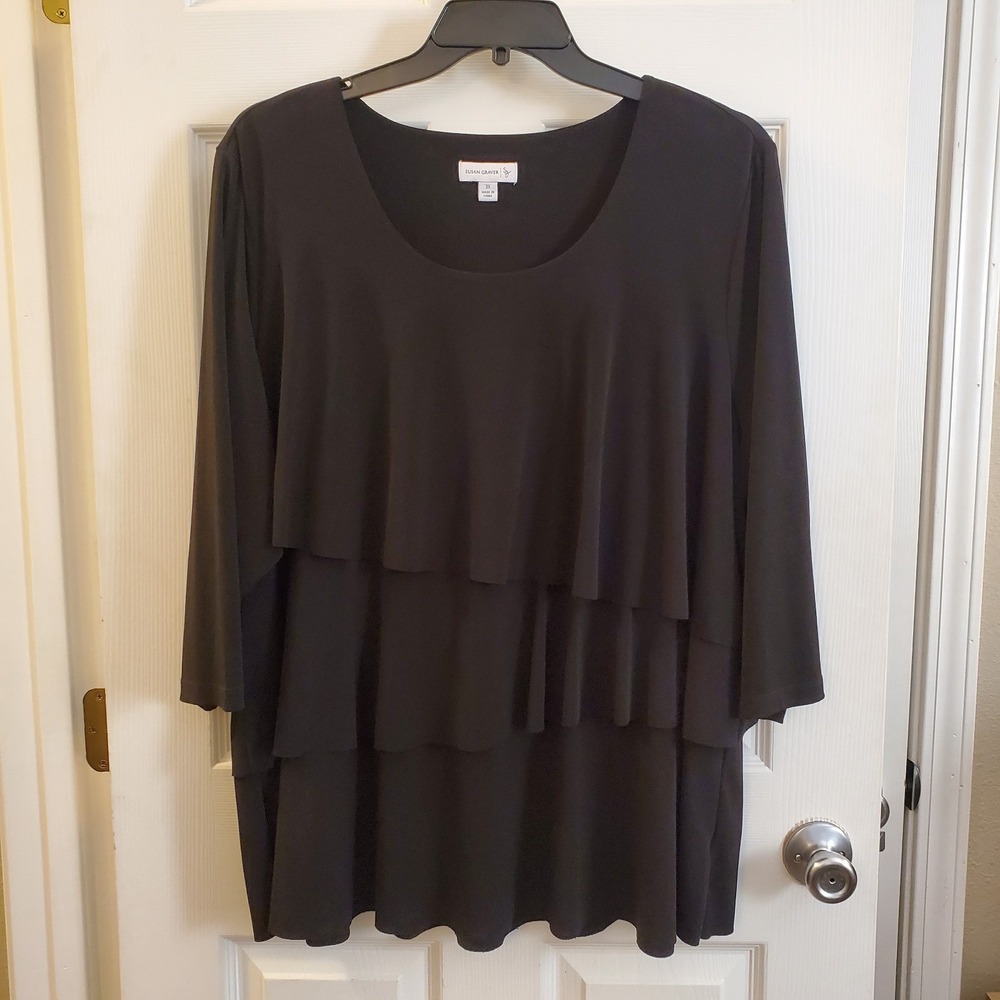 Susan Graver Liquid Knit Tiered Ruffle Top Women 3X Black Elevated Basic Career
